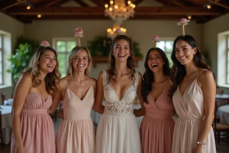 Jeunes adultes riant lors d'un jeu de mariage rustique