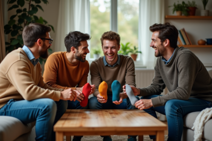 Groupe d'adultes jouant avec des chaussettes colorées
