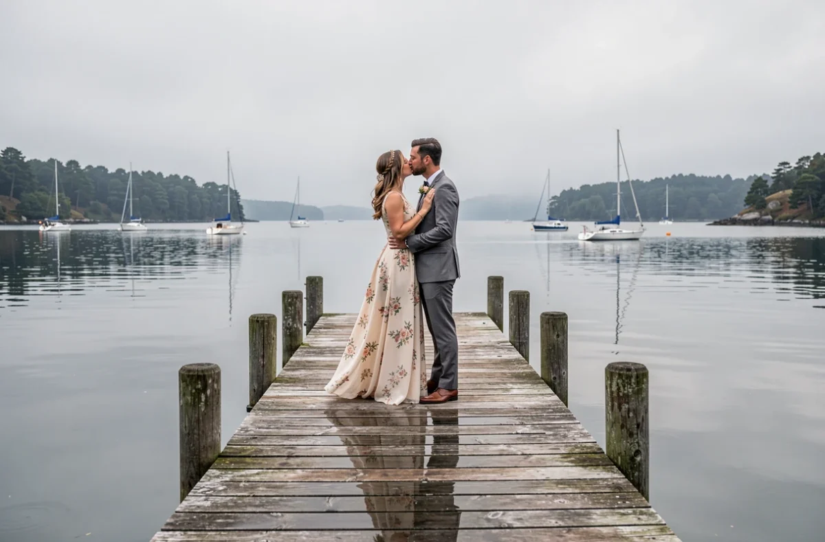 Couple s'embrassant sur un ponton au bord du golfe du Morbihan, photographies de mariage par Gwaël