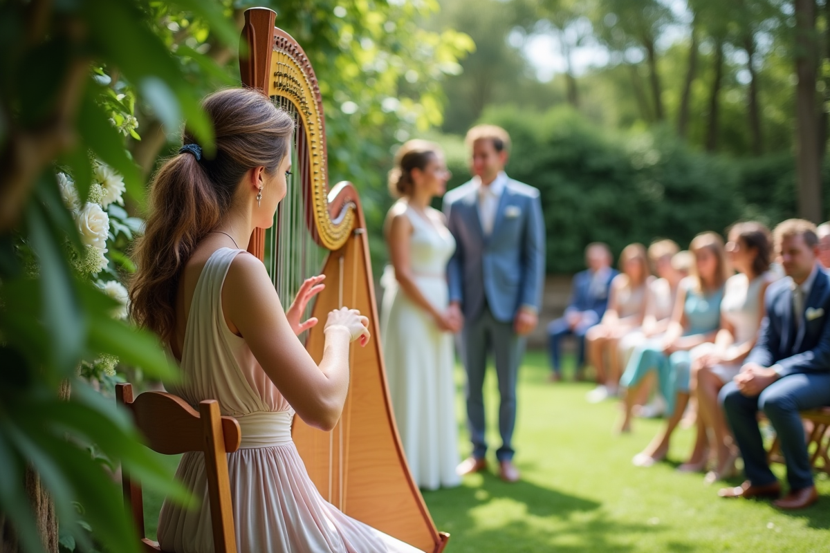 Harpiste jouant dans un jardin lors d’un mariage en plein air
