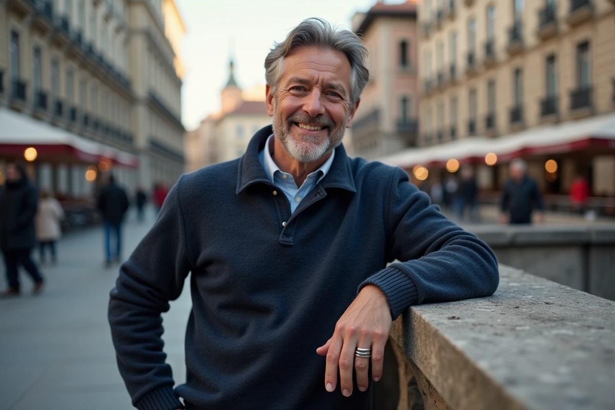 Homme avec un anneau en argent dans une place urbaine animée