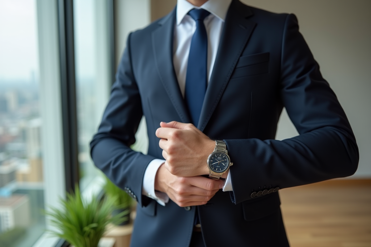 Homme ajustant ses boutons de manchette dans un appartement moderne