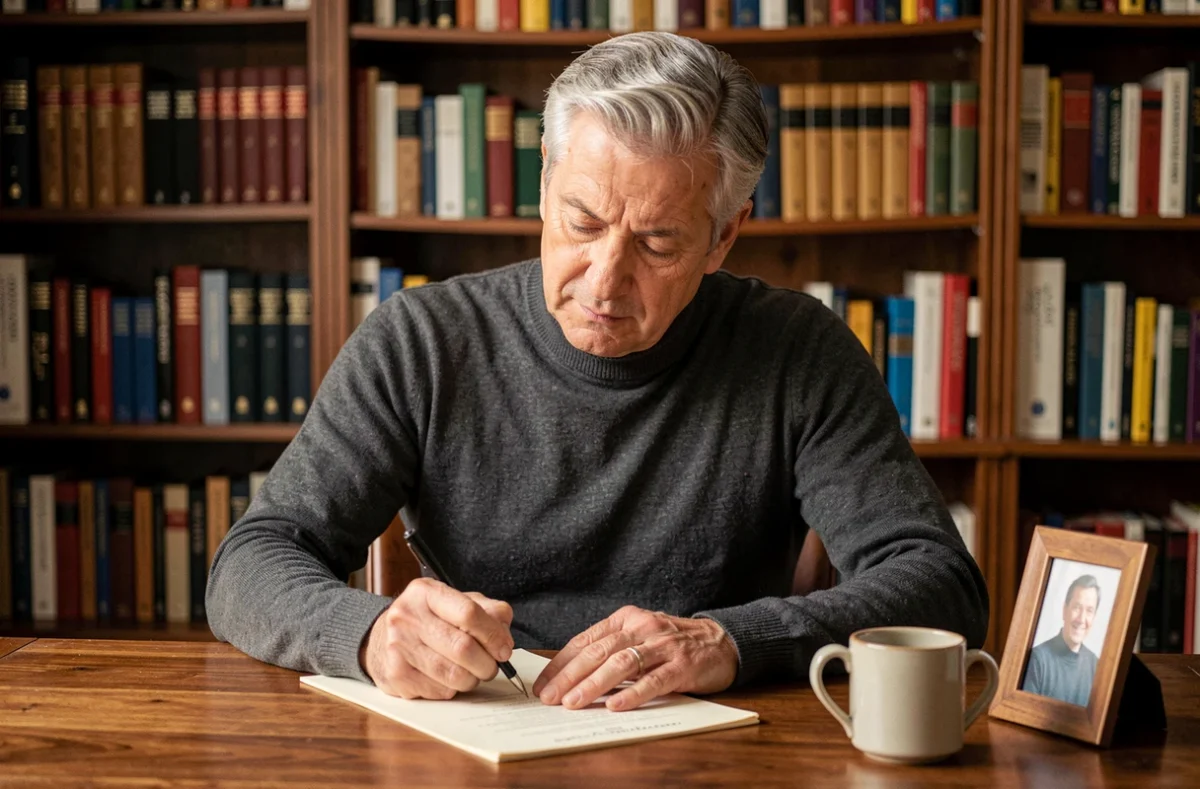 Homme élégant aux cheveux grisonnants travaillant dans une bibliothèque privée, évoquant l'équilibre entre vie professionnelle et vie intime préservée