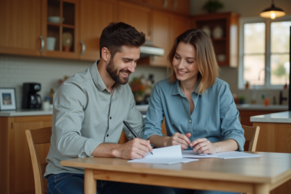 Homme marié aidant sa partenaire avec des papiers dans une cuisine chaleureuse