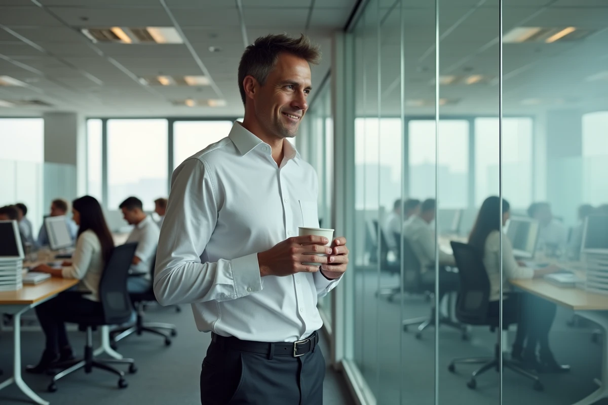 Homme marié au travail regardant discrètement une collègue avec un sourire retenu, signe d'attirance secrète en milieu professionnel