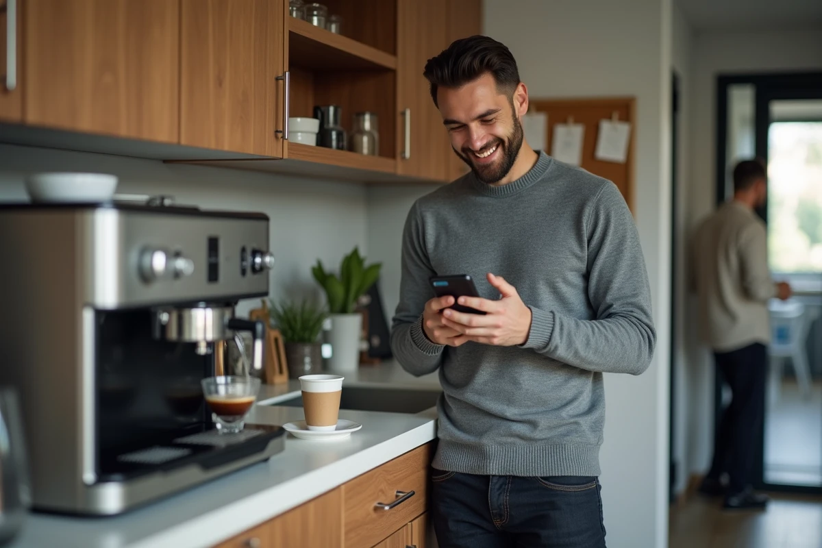 Homme marié souriant secrètement à son téléphone dans la salle de pause du bureau, indice révélateur d'une relation émotionnelle cachée au travail