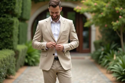 Homme en costume beige ajusté ajustant ses manchettes en extérieur