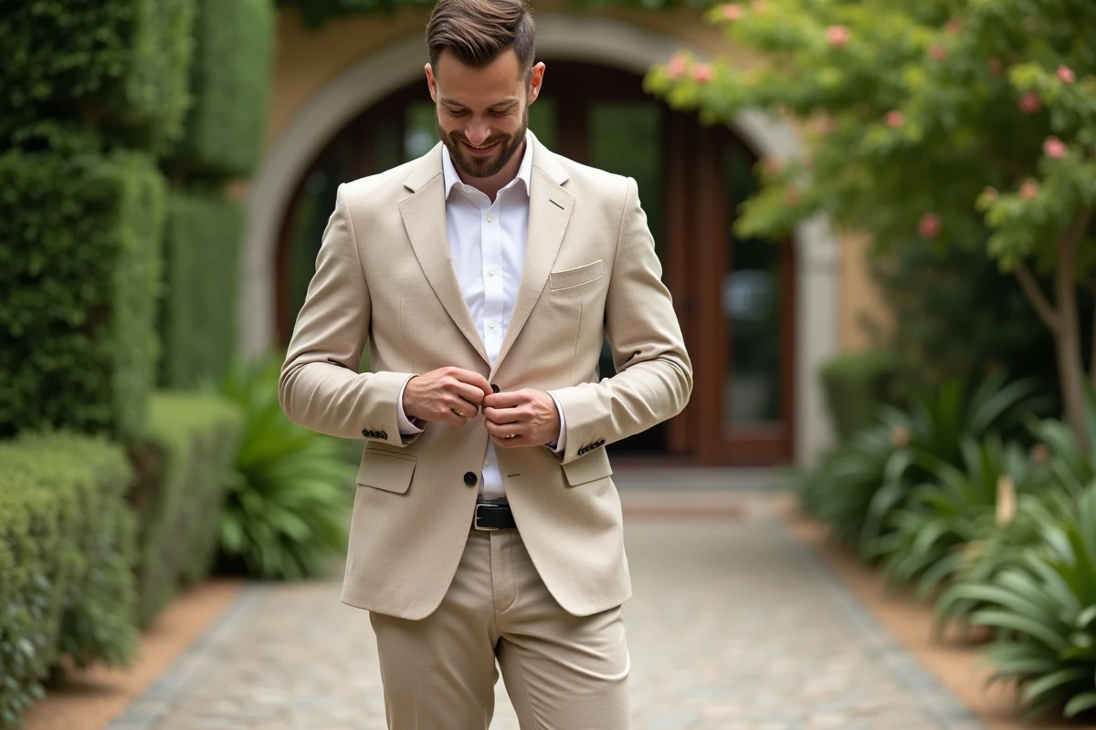 Homme en costume beige ajusté ajustant ses manchettes en extérieur