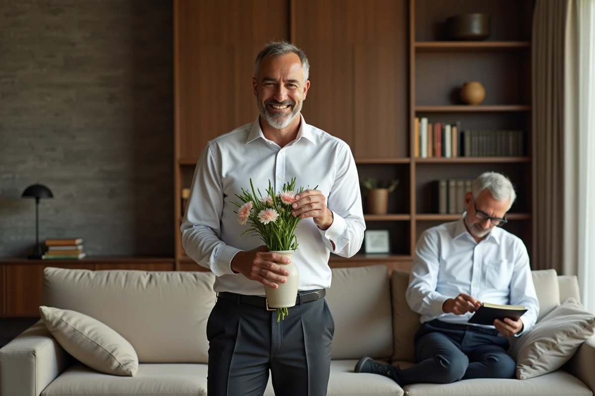 Homme arrangeant des fleurs dans un salon