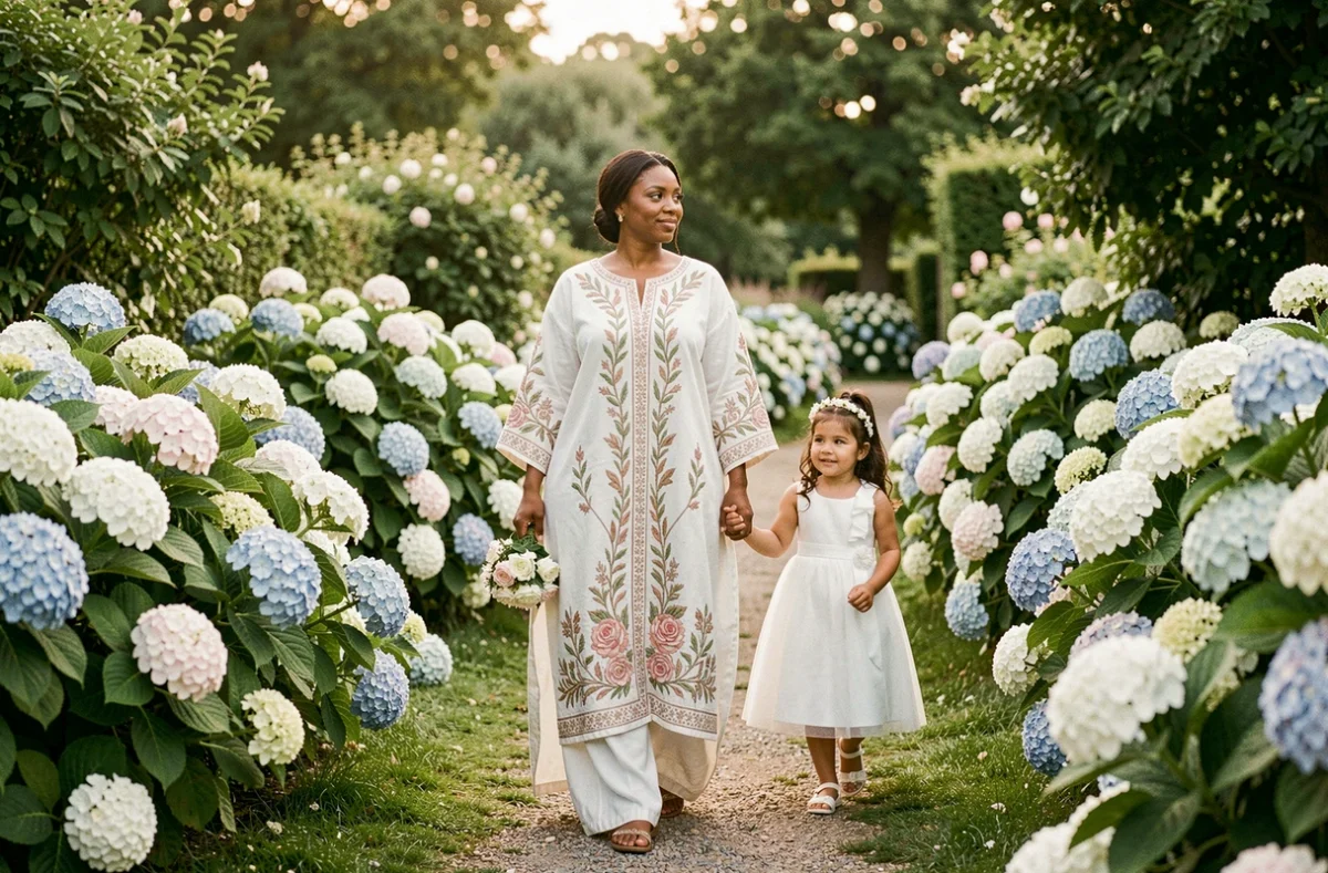 Mariée en tenue traditionnelle brodée marchant dans un jardin d'hortensias bretons, reportage de Houria Semo dans le Morbihan