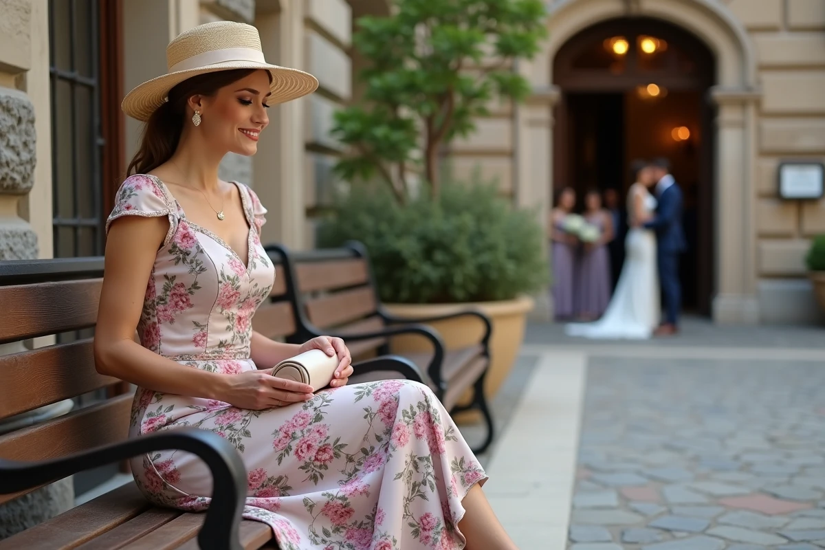Invitée élégante en robe florale assise dehors