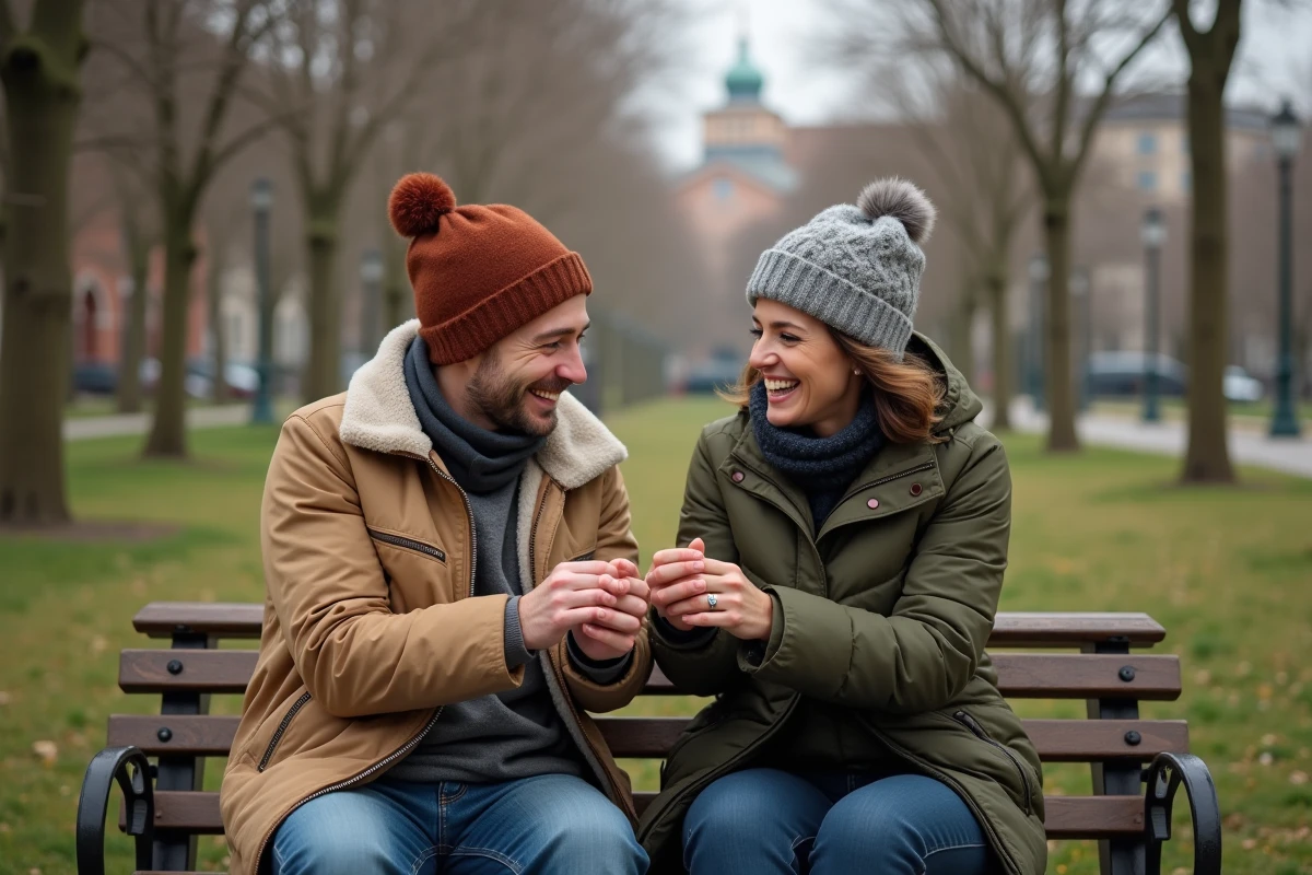 Jeune couple échangeant des bagues dans un parc urbain