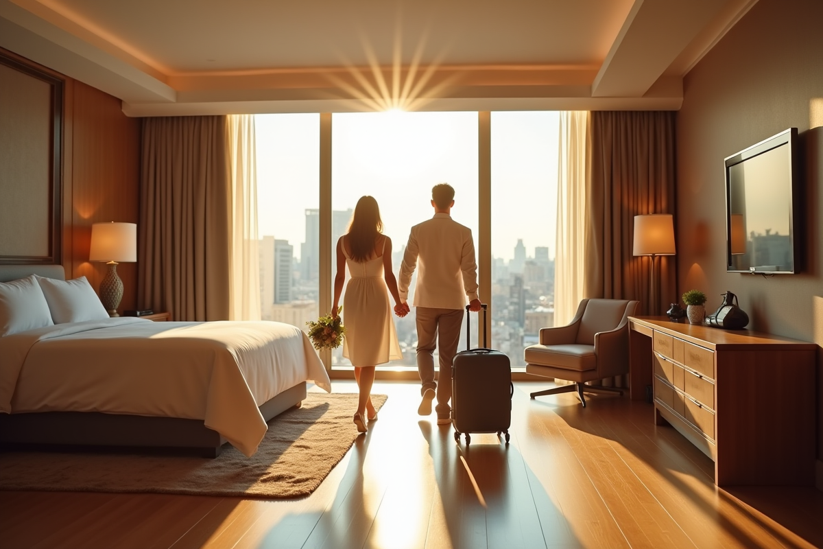 Jeune couple entrant dans une chambre d