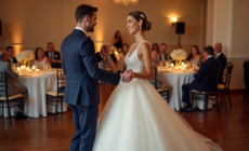 Jeune couple en danse de mariage dans une salle élégante