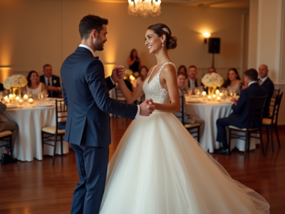 Jeune couple en danse de mariage dans une salle élégante