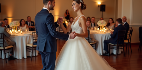 Jeune couple en danse de mariage dans une salle élégante