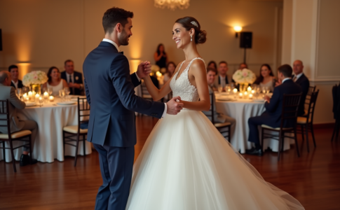 Jeune couple en danse de mariage dans une salle élégante