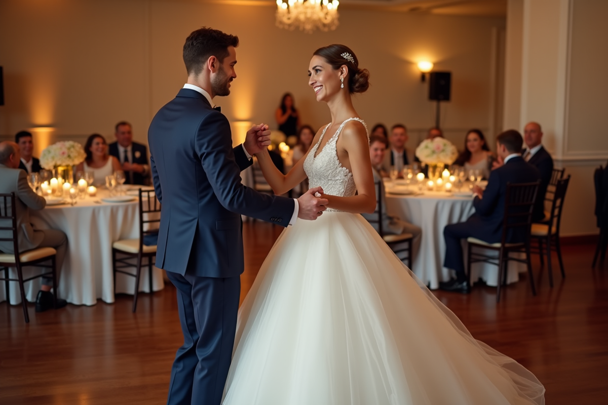 Jeune couple en danse de mariage dans une salle élégante