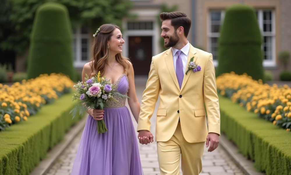Jeune couple marié dans un jardin fleuri lors d'un mariage