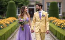 Jeune couple marié dans un jardin fleuri lors d'un mariage