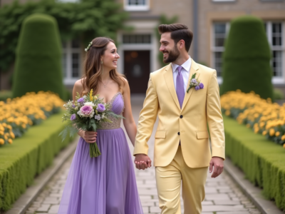 Jeune couple marié dans un jardin fleuri lors d'un mariage