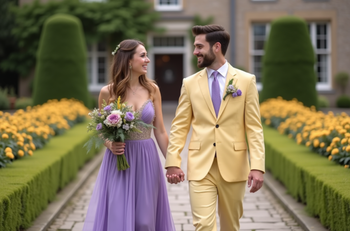 Jeune couple marié dans un jardin fleuri lors d'un mariage