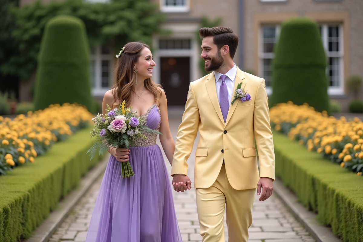 Jeune couple marié dans un jardin fleuri lors d'un mariage
