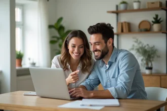 Jeune couple souriant regardant un site de mariage sur un ordinateur