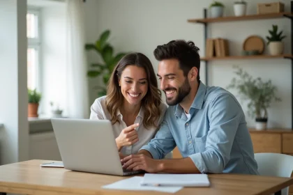Jeune couple souriant regardant un site de mariage sur un ordinateur
