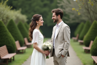 Jeune couple de mariés dans un jardin naturel et serein