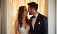 Jeune couple marié dans une cabine photo moderne lors d’un mariage