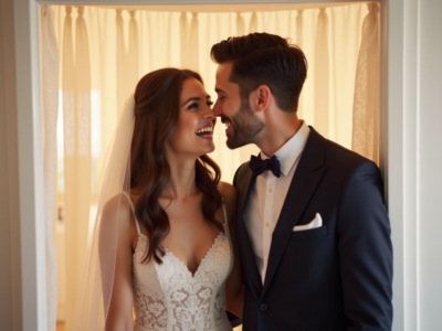 Jeune couple marié dans une cabine photo moderne lors d’un mariage