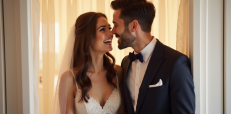 Jeune couple marié dans une cabine photo moderne lors d’un mariage