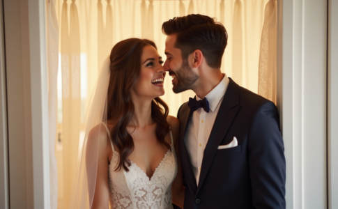 Jeune couple marié dans une cabine photo moderne lors d’un mariage