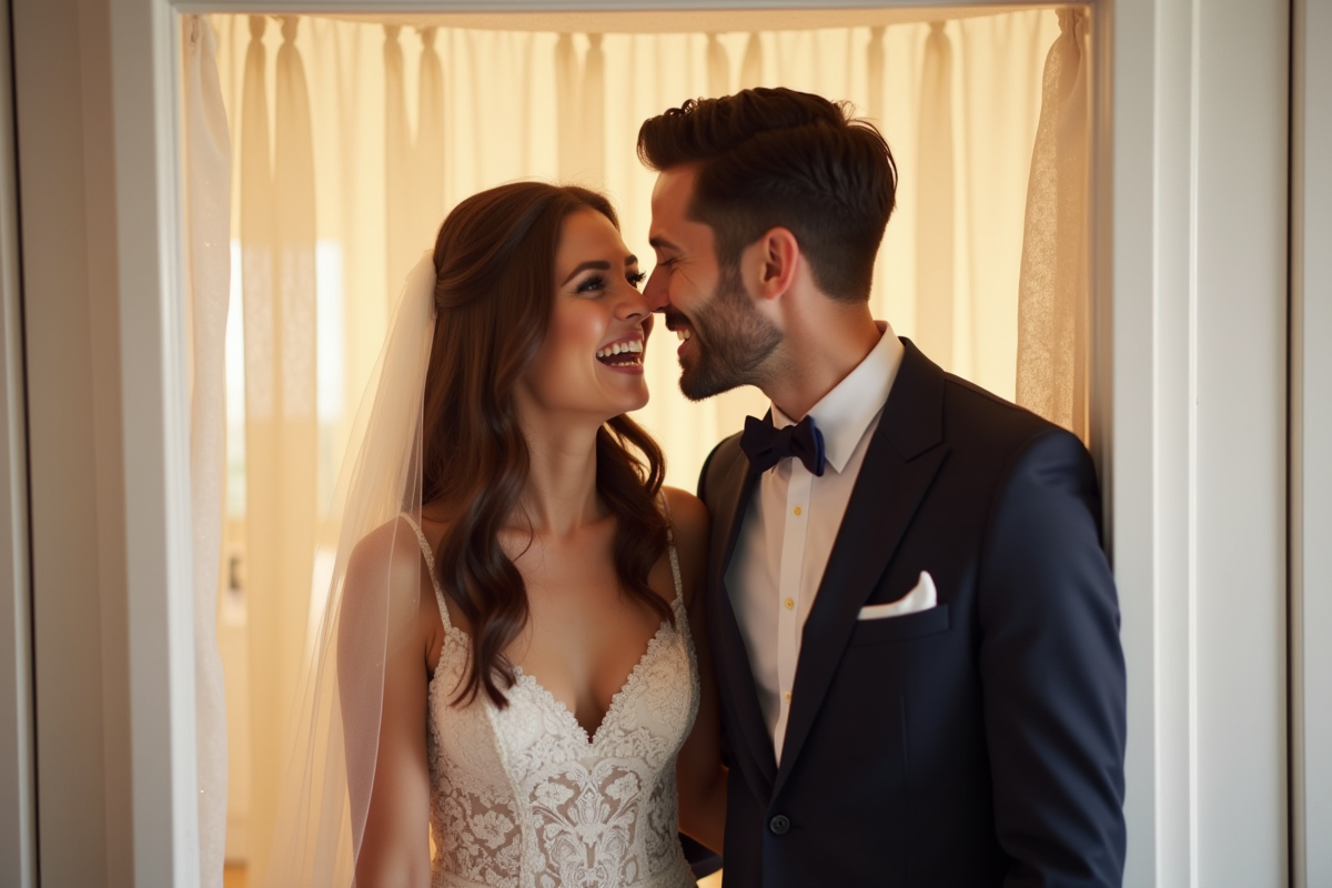 Jeune couple marié dans une cabine photo moderne lors d’un mariage