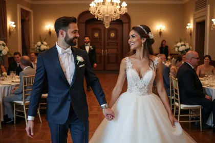 Jeune couple marié riant lors du jeu de chaussures