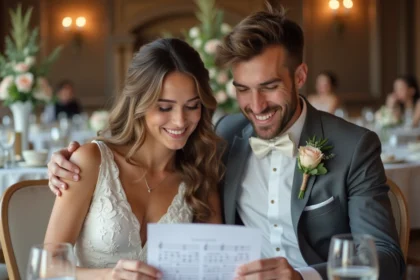 Jeune couple marié souriant en préparant leur chanson de mariage