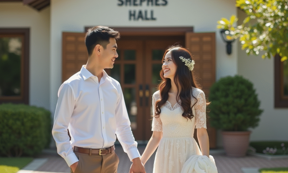 Jeune couple souriant main dans la main devant la mairie