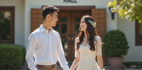 Jeune couple souriant main dans la main devant la mairie