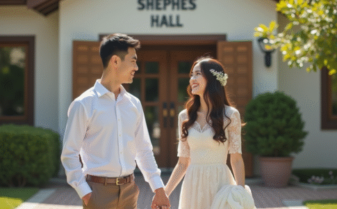 Jeune couple souriant main dans la main devant la mairie