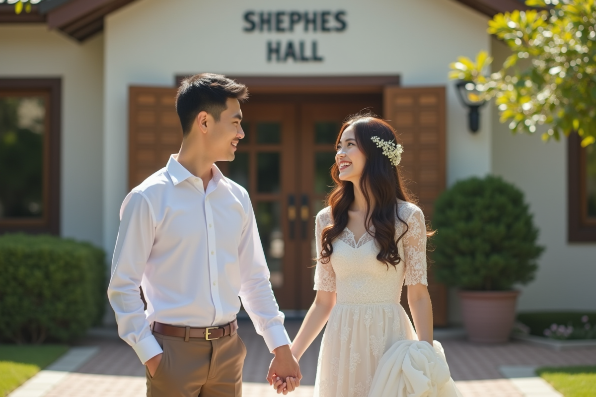 Jeune couple souriant main dans la main devant la mairie