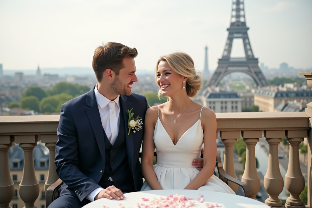 Jeune couple marié assis sur une terrasse parisienne
