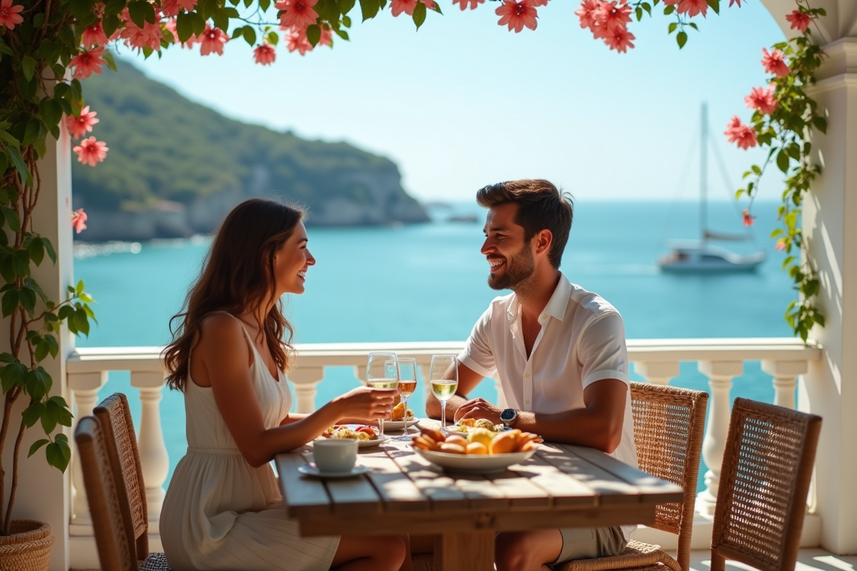 Jeune couple au petit déjeuner sur une terrasse en bord de mer
