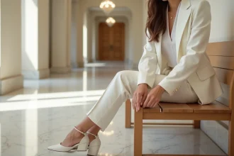 Jeune femme en costume civil mariage assise élégamment dans une salle lumineuse