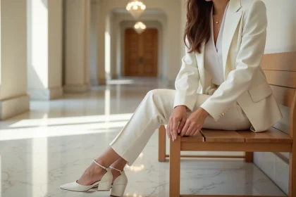 Jeune femme en costume civil mariage assise élégamment dans une salle lumineuse