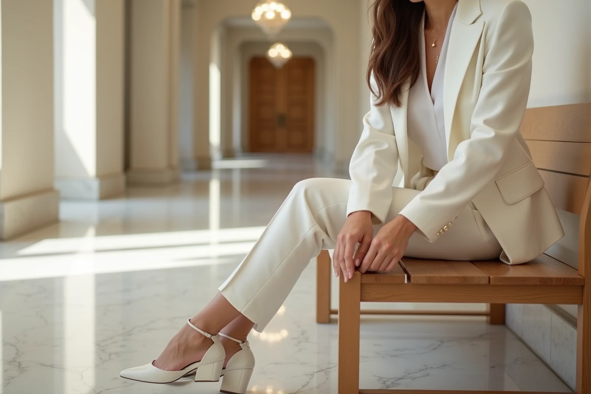 Jeune femme en costume civil mariage assise élégamment dans une salle lumineuse