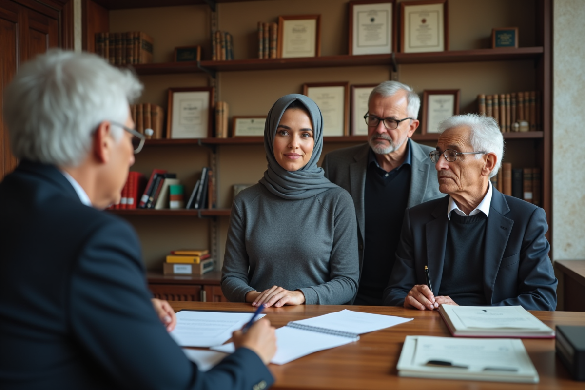 Jeune femme avec un couple âgé dans un bureau notarial