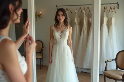 Jeune femme essayant une robe de mariage dans une boutique rurale