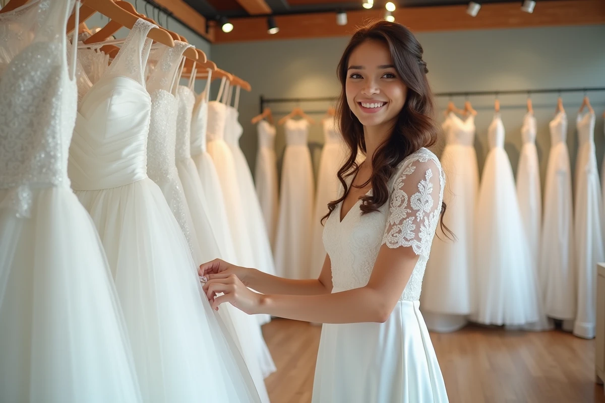 Jeune femme souriante dans une robe de mariage élégante en boutique