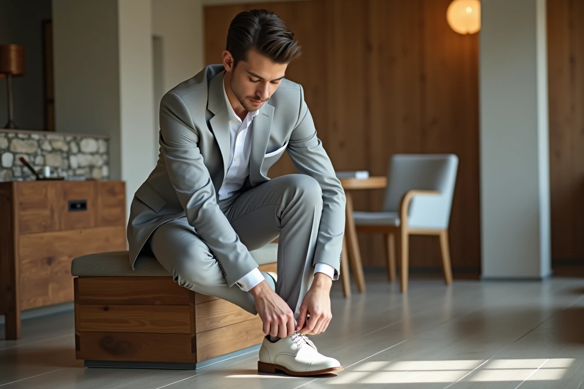 Jeune marié en costume gris assis lissant ses chaussures blanches